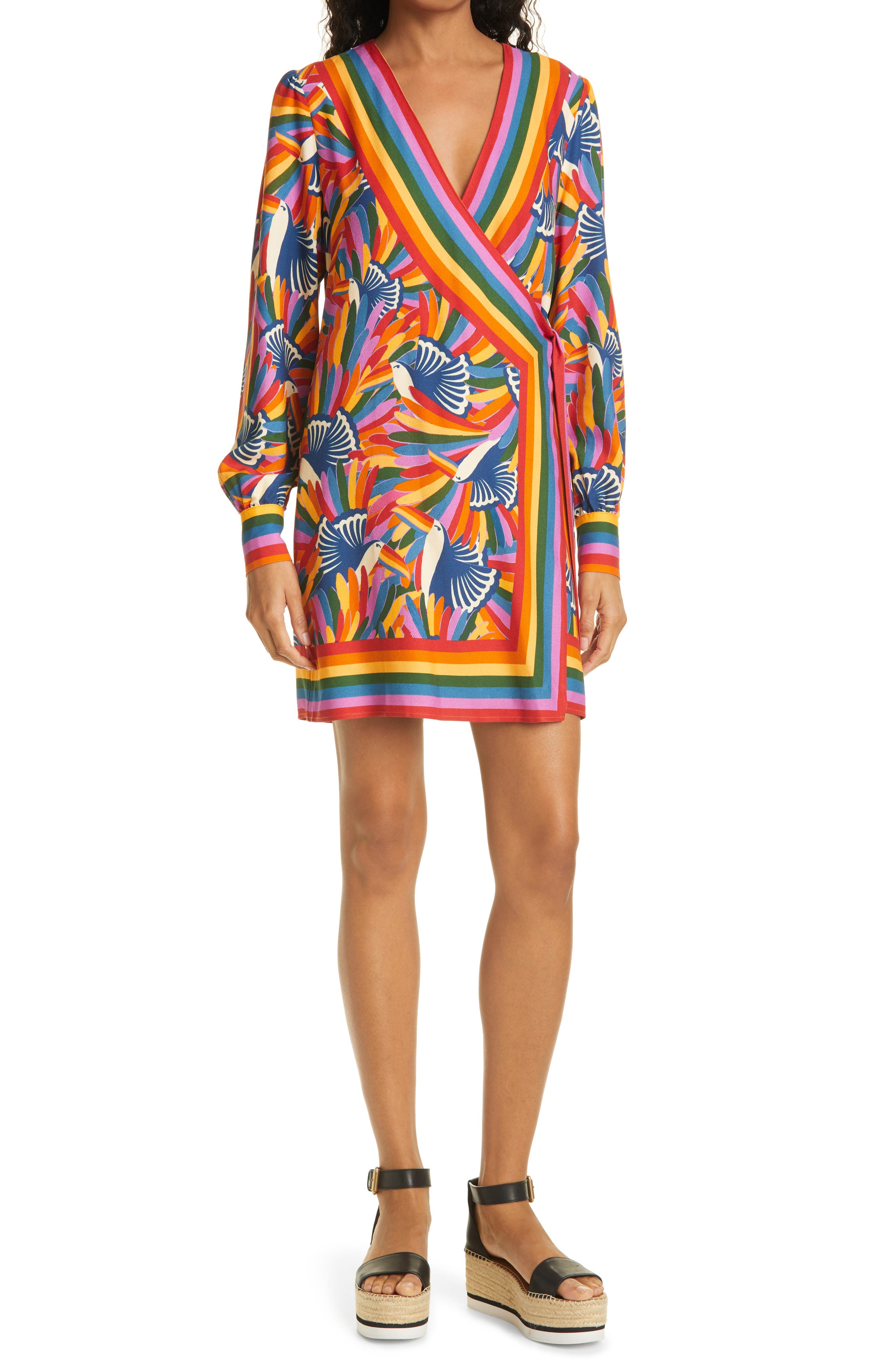 Farm Rio Rainbow Toucans Long Sleeve Mini Wrap Dress In Multi | ModeSens